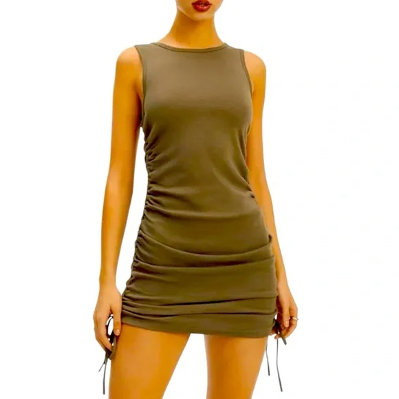 Good American Rushed Mini Tank Dress Color: Sea turtle (olive green) SZ 5X - Picture 2 of 11